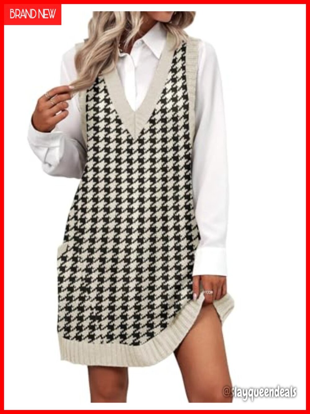 Sleeveless V-Neck Knit Sweater Vest Dress with Pockets